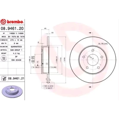 Billede af BREMBO COATED DISC LINE 08.9461.21 Bremseskiver 278 10 5 fuldstændigt coatet NISSAN: Primera Stationcar, Sedan, Almera Tino