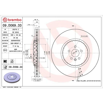 Billede af BREMBO 09.D069.33 Bremseskiver 395 36 5 todelt bremseskive, indvendigt ventileret coatet højkarboniseret LAND ROVER: Range Rover Velar