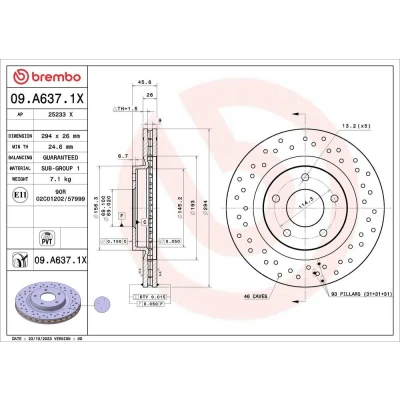 Billede af BREMBO Bremseskive DODGE: Avenger Sedan, Caliber Hatchback, CHRYSLER: 294mm 26mm 5 perforeret/indv. ventileret coatet 09.A637.1X 2AMV5514AA,5105514AA