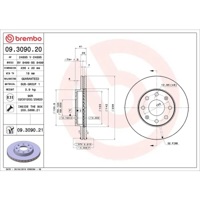 Billede af BREMBO 09.3090.20 Bremseskiver 236 20 4 indvendigt ventileret med skruer CHEVROLET: Spark, Aveo / Kalos Hatchback, Hatchback