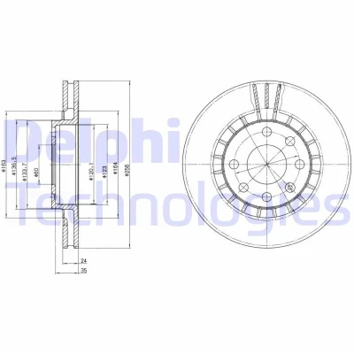 Billede af DELPHI BG2443 Bremseskiver 256 24 4 ventileret olieret ubehandlet uden hjullejer, ABS sensorring OPEL: Vectra A Sedan, Calibra A, Kadett E CC