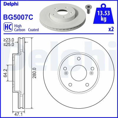 Billede af DELPHI BG5007C Bremseskiver 280 25 5 ventileret coatet højkarboniseret uden hjullejer, ABS sensorring HONDA: CIVIC 9