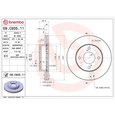 Billede af BREMBO 09.C935.11 Bremseskiver 231 20 4 indvendigt ventileret coatet SUZUKI: Celerio