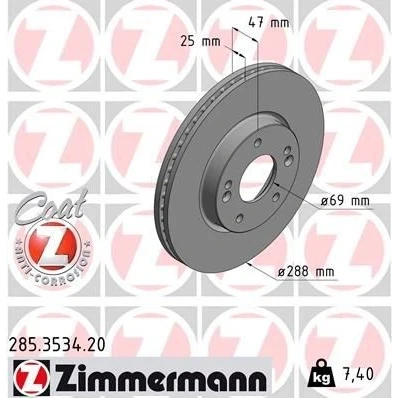 Billede af ZIMMERMANN 285.3534.20 Bremseskiver 288 25 7/5 5 114 indvendigt ventileret coatet HYUNDAI: i30 III Stationcar, Hatchback