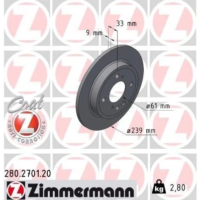 Billede af ZIMMERMANN Bremseskive 9mm 7/4 4 hul 100mm fuldstændigt coatet 280.2701.20 42510TZEJ00 Bremseskiver, Skivebremser