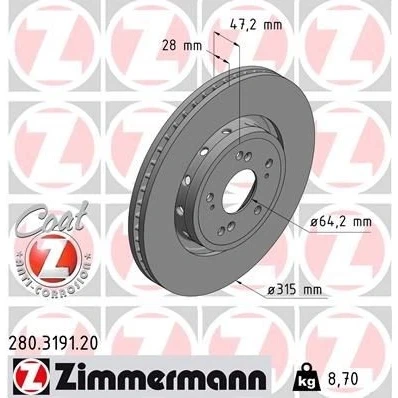 Billede af ZIMMERMANN 280.3191.20 Bremseskiver 315 28 9/5 5 114 udvendig ventileret coatet HONDA: CR V 4