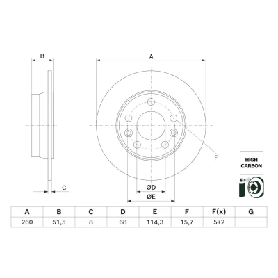 Billede af BOSCH Bremseskive RENAULT: Megane 4, Captur II 260mm 8mm 5 114,3mm fuldstændigt coatet højkarboniseret 0 986 479 H61 440A06575R Bremseskiver