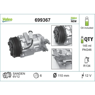 Billede af VALEO 699367 Kompressor 6V12 12 PAG 46 R 134a med kompressorolie NEW ORIGINAL PART