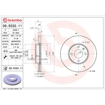 Billede af BREMBO 09.E032.11 Bremseskiver 256 20 4 indvendigt ventileret coatet med skruer OPEL: Karl