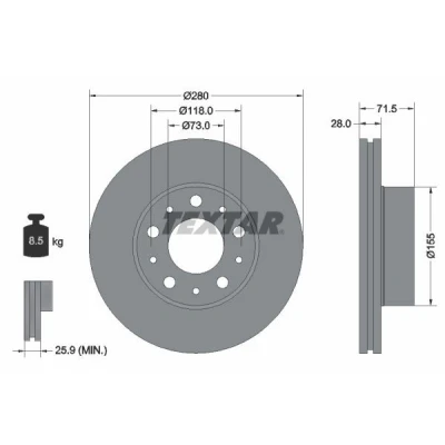 Billede af TEXTAR PRO 92286103 Bremseskiver 280 28 05/10 118 indvendigt ventileret coatet uden hjulbolte, hjulnav FIAT: Ducato III Ladvogn / Chassis