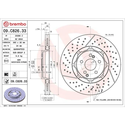 Billede af BREMBO 09.C826.33 Bremseskiver 360 26 5 indvendigt ventileret, slidset/perforeret, todelt bremseskive coatet højkarboniseret