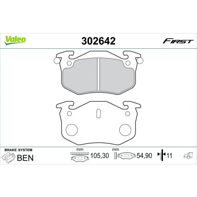Billede af VALEO 302642 Bremseklodser bagaksel Ekskl. slidadvarselskontakt uden anti knirke plade PEUGEOT: 206 Hatchback, SW, 306 Hatchback