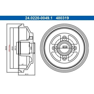Billede af ATE 24.0220 0049.1 Bremsetromler uden hjullejer, ABS sensorring 238,0mm SUZUKI: SWIFT 3, Splash Hatchback, OPEL: Agila B