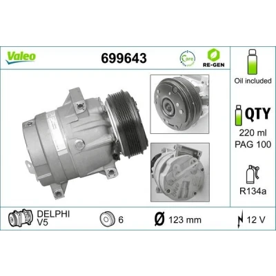 Billede af VALEO 699643 Kompressor V5 12 PAG 100 R 134a med kompressorolie REMANUFACTURED RENAULT: Scénic 1, TRAFIC 2 Bus, MASTER Pritsche/Fahrgestell