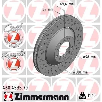 Billede af ZIMMERMANN 460.4535.70 Bremseskiver 380 34 7/5 5 130 ventileret, hullet, todelt bremseskive coatet legeret