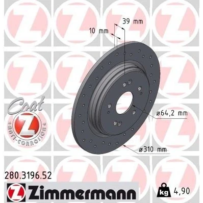 Billede af ZIMMERMANN Bremseskive HONDA: CR V 5 310mm 10mm 9/5 hul 114mm fuldstændigt, hullet coatet 280.3196.52 42510TLAA00,42510TLYH00,42510TNYE00