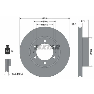 Billede af TEXTAR PRO 92274903 Bremseskiver 319 28 06/08 139,7 indvendigt ventileret coatet uden hjulbolte, hjulnav TOYOTA: HILUX 3 Pick up