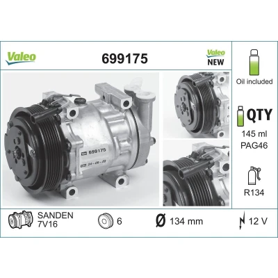 Billede af VALEO NEW ORIGINAL PART 699175 Kompressor SD7V16 12 PAG 46 R 134a med kompressorolie