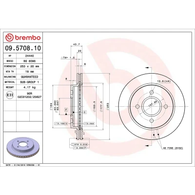 Billede af BREMBO 09.5708.10 Bremseskiver 253 20 4 indvendigt ventileret FORD: MONDEO 1 Kombi, 2, 2 Kombi
