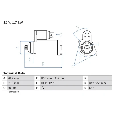 Billede af BOSCH 0 986 020 260 Starter 12 1,7 10, 12, 11 VOLKSWAGEN: Multivan 5 (7HM, Polo IV Hatchback, Golf 5, SKODA: Octavia 2 Combi, II Hatchback