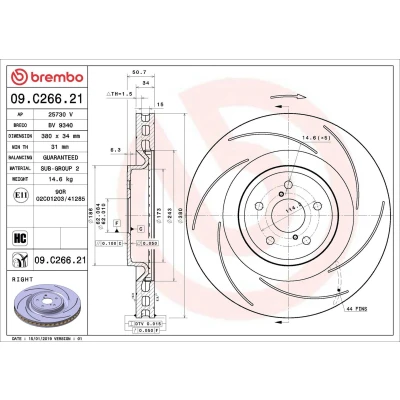 Billede af BREMBO 09.C266.21 Bremseskiver 380 34 5 opslidset, indvendigt ventileret coatet højkarboniseret