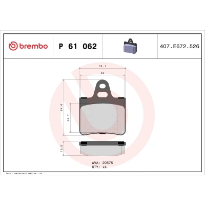 Billede af BREMBO P 61 062 Bremseklodser Ekskl. slidadvarselskontakt uden tilbehør CITROËN: BX Hatchback