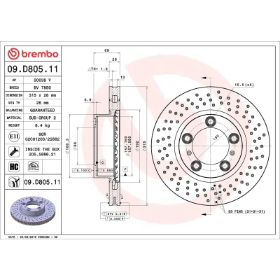 Billede af BREMBO 09.D805.11 Bremseskiver 315 28 5 perforeret/indv. ventileret coatet højkarboniseret med skruer PORSCHE: Boxster