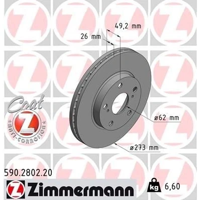 Billede af ZIMMERMANN COAT Z 590.2802.20 Bremseskiver 273 26 7/5 5 114 indvendigt ventileret coatet højkarboniseret TOYOTA: Auris Hatchback