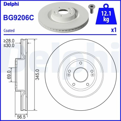Billede af DELPHI BG9206C Bremseskiver 345 30 5 ventileret coatet ubehandlet uden hjullejer, ABS sensorring RENAULT: MEGANE 3 Coupe