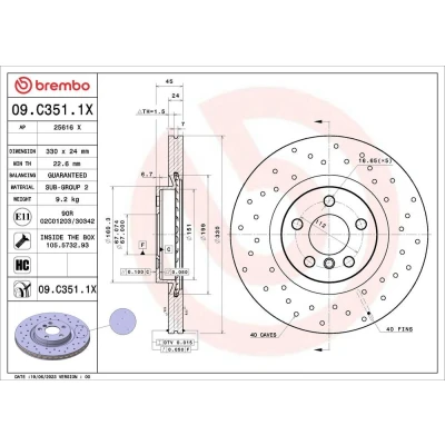 Billede af BREMBO Bremseskive BMW: X1, 2 Gran Tourer, Active Tourer 330mm 24mm 5 perforeret/indv. ventileret coatet højkarboniseret 09.C351.1X 34106888686