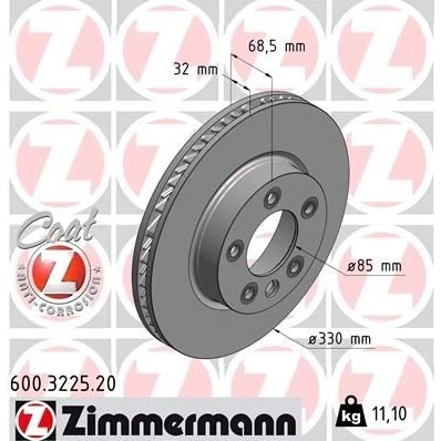 Billede af ZIMMERMANN COAT Z 600.3225.20 Bremseskiver 330 32 6/5 5 130 indvendigt ventileret coatet højkarboniseret VOLKSWAGEN: Touareg II, I