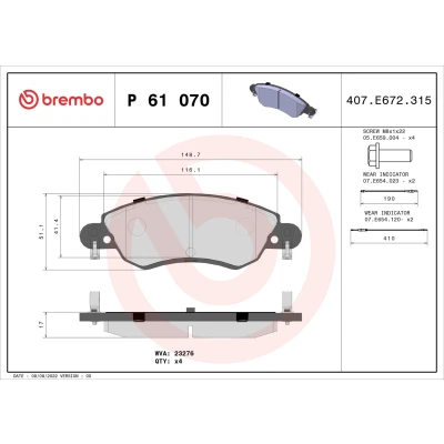 Billede af BREMBO P 61 070 Bremseklodser Inkl. slidadvarselskontakt med bremsecaliperskruer uden tilbehør CITROËN: C5 II Hatchback, I Hatchback