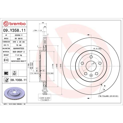 Billede af BREMBO Bremseskive 345mm 20mm 5 indvendigt ventileret coatet højkarboniseret 09.Y358.11 3520160ED1 Bremseskiver, Skivebremser