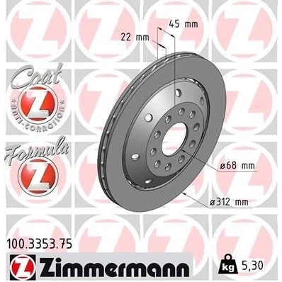 Billede af ZIMMERMANN FORMULA Z COAT 100.3353.75 Bremseskiver 312 22 10/5 5 112 ventileret, todelt bremseskive coatet legeret AUDI: A4 B5 Avant