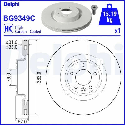 Billede af DELPHI BG9349C Bremseskiver 363 33 5 ventileret coatet højkarboniseret uden hjullejer, ABS sensorring LAND ROVER: Range Rover 4