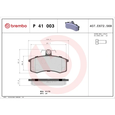 Billede af BREMBO P 41 003 Bremseklodser Ekskl. slidadvarselskontakt med bremsecaliperskruer uden tilbehør