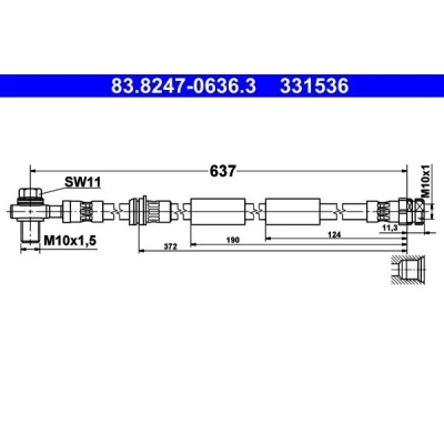Billede af ATE 83.8247 0636.3 Bremseslange 637 M10x1 VOLKSWAGEN: Golf 6, 7 Variant, Passat B8 AUDI: A3 Sportback, SKODA: Octavia 3 Combi